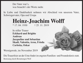 Traueranzeige von Heinz-Joachim Wolff  von Magdeburger Volksstimme