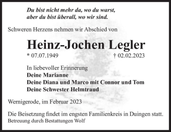 Traueranzeige von Heinz-Jochen Legler  von Magdeburger Volksstimme