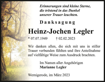 Traueranzeige von Heinz-Jochen Legler  von Magdeburger Volksstimme