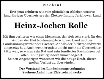 Traueranzeige von Heinz-Jochen Rolle  von Magdeburger Volksstimme