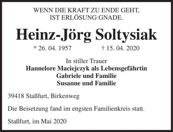 Traueranzeige von Heinz-Jörg Soltysiak  von Magdeburger Volksstimme