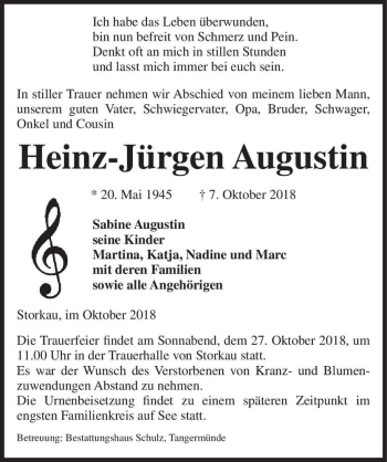 Traueranzeige von Heinz-Jürgen Augustin  von Magdeburger Volksstimme
