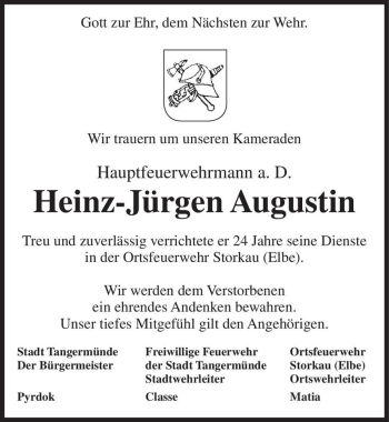 Traueranzeige von Heinz-Jürgen Augustin  von Magdeburger Volksstimme