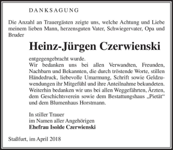 Traueranzeige von Heinz-Jürgen Czerwienski  von Magdeburger Volksstimme
