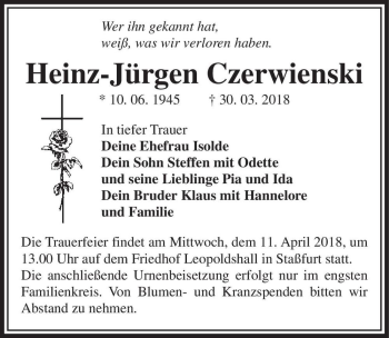 Traueranzeige von Heinz-Jürgen Czerwienski  von Magdeburger Volksstimme