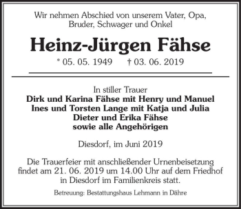 Traueranzeige von Heinz-Jürgen Fähse  von Magdeburger Volksstimme