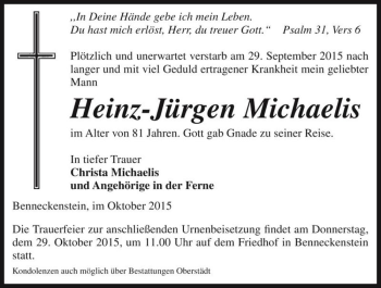 Traueranzeige von Heinz-Jürgen Michaelis  von Magdeburger Volksstimme