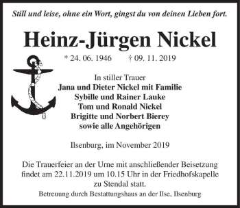 Traueranzeige von Heinz-Jürgen Nickel  von Magdeburger Volksstimme