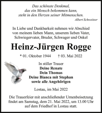 Traueranzeige von Heinz-Jürgen Rogge  von Magdeburger Volksstimme