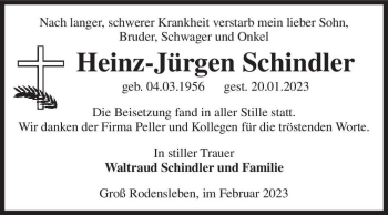 Traueranzeige von Heinz-Jürgen Schindler  von Magdeburger Volksstimme