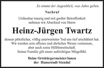 Traueranzeige von Heinz-Jürgen Twartz  von Magdeburger Volksstimme