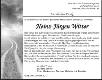 Traueranzeige von Heinz-Jürgen Witter  von Magdeburger Volksstimme