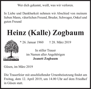 Traueranzeige von Heinz (Kalle) Zogbaum  von Magdeburger Volksstimme