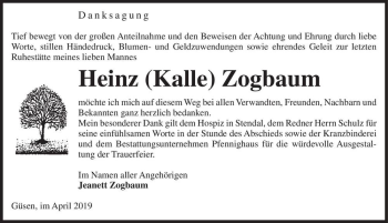 Traueranzeige von Heinz (Kalle) Zogbaum  von Magdeburger Volksstimme