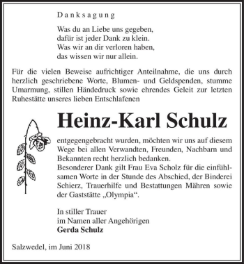 Traueranzeige von Heinz-Karl Schulz  von Magdeburger Volksstimme