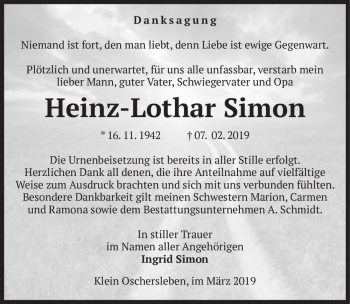 Traueranzeige von Heinz-Lothar Simon  von Magdeburger Volksstimme