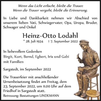 Traueranzeige von Heinz-Otto Lodahl  von Magdeburger Volksstimme
