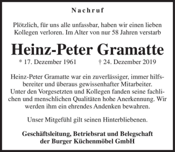 Traueranzeige von Heinz-Peter Gramatte  von Magdeburger Volksstimme