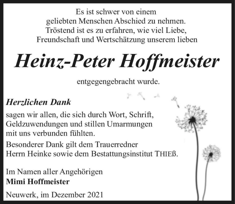  Traueranzeige für Heinz-Peter Hoffmeister  vom 31.12.2021 aus Magdeburger Volksstimme