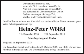Traueranzeige von Heinz-Peter Wölfel  von Magdeburger Volksstimme