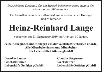 Traueranzeige von Heinz-Reinhard Lange  von Magdeburger Volksstimme