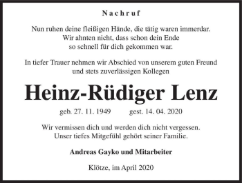 Traueranzeige von Heinz-Rüdiger Lenz  von Magdeburger Volksstimme