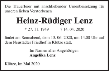 Traueranzeige von Heinz-Rüdiger Lenz  von Magdeburger Volksstimme