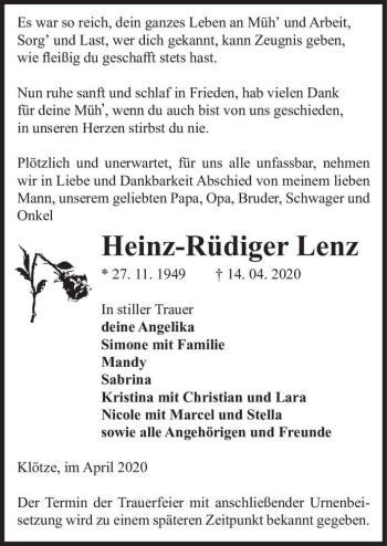 Traueranzeige von Heinz-Rüdiger Lenz  von Magdeburger Volksstimme