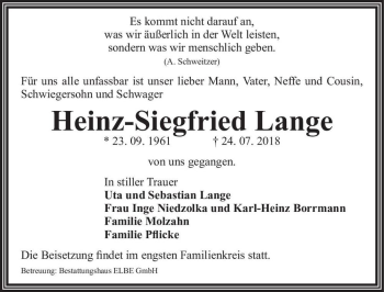 Traueranzeige von Heinz-Siegfried Lange  von Magdeburger Volksstimme