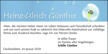 Traueranzeige von Heinz-Ulrich Günther  von Magdeburger Volksstimme