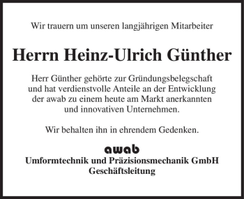 Traueranzeige von Heinz-Ulrich Günther  von Magdeburger Volksstimme