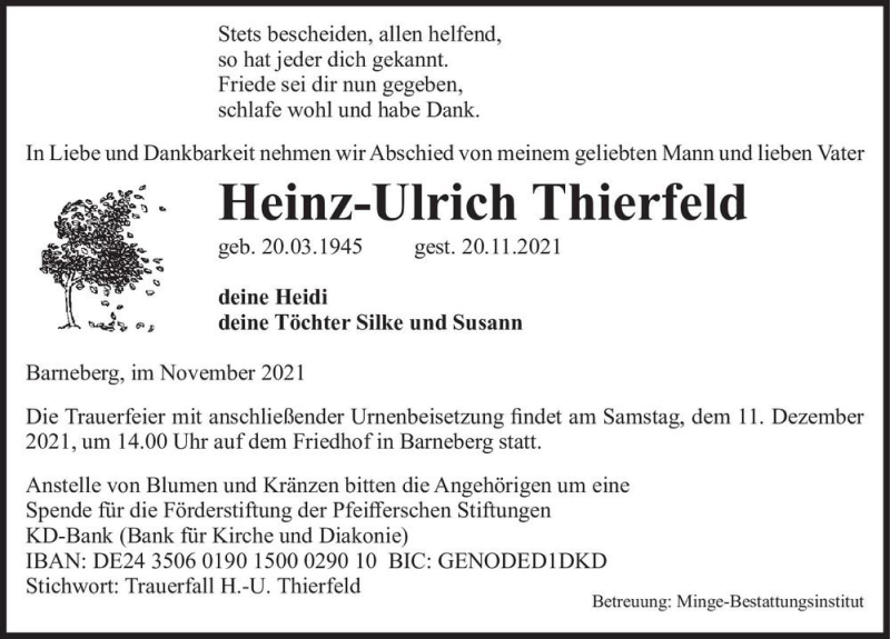  Traueranzeige für Heinz-Ulrich Thierfeld  vom 27.11.2021 aus Magdeburger Volksstimme