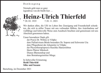 Traueranzeige von Heinz-Ulrich Thierfeld  von Magdeburger Volksstimme