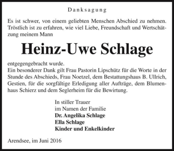 Traueranzeige von Heinz-Uwe Schlage  von Magdeburger Volksstimme