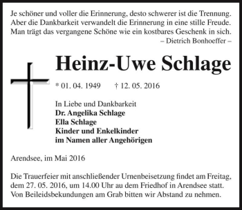 Traueranzeige von Heinz-Uwe Schlage  von Magdeburger Volksstimme