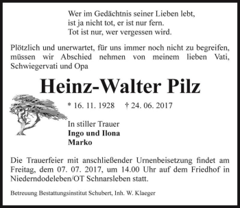 Traueranzeige von Heinz-Walter Pilz  von Magdeburger Volksstimme