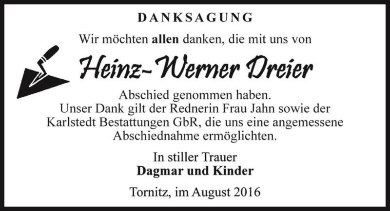  Traueranzeige für Heinz-Werner Dreier  vom 27.08.2016 aus Magdeburger Volksstimme