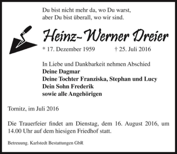 Traueranzeige von Heinz-Werner Dreier  von Magdeburger Volksstimme