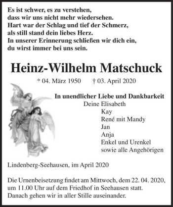 Traueranzeige von Heinz-Wilhelm Matschuck  von Magdeburger Volksstimme