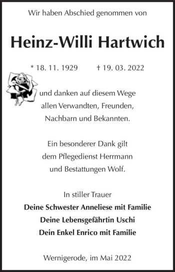 Traueranzeige von Heinz-Willi Hartwich  von Magdeburger Volksstimme
