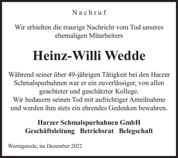 Traueranzeige von Heinz-Willi Wedde  von Magdeburger Volksstimme