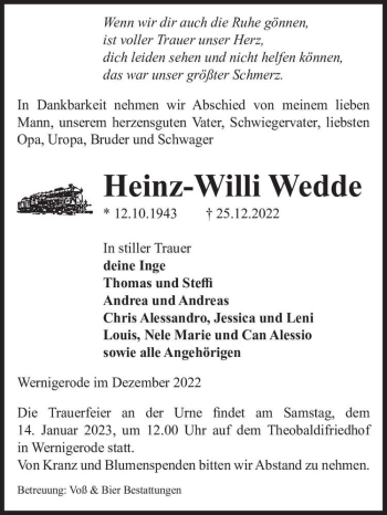 Traueranzeige von Heinz-Willi Wedde  von Magdeburger Volksstimme