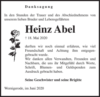 Traueranzeige von Heinz Abel  von Magdeburger Volksstimme
