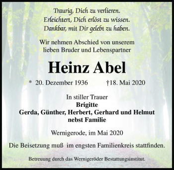 Traueranzeige von Heinz Abel  von Magdeburger Volksstimme