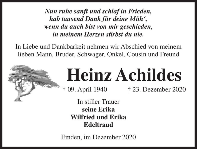  Traueranzeige für Heinz Achildes  vom 31.12.2020 aus Magdeburger Volksstimme