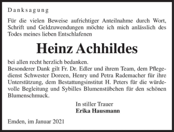Traueranzeige von Heinz Achildes  von Magdeburger Volksstimme