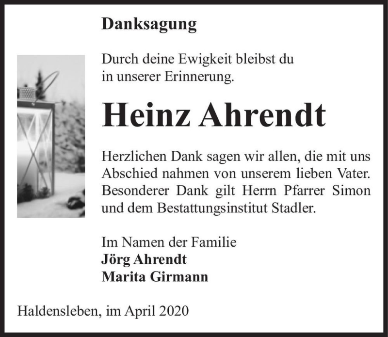  Traueranzeige für Heinz Ahrendt  vom 11.04.2020 aus Magdeburger Volksstimme