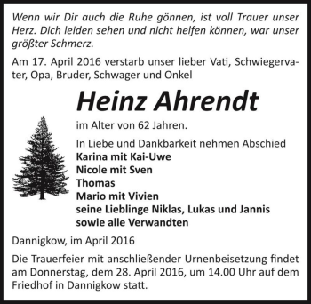 Traueranzeige von Heinz Ahrendt  von Magdeburger Volksstimme