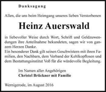Traueranzeige von Heinz Auerswald  von Magdeburger Volksstimme