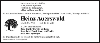 Traueranzeige von Heinz Auerswald  von Magdeburger Volksstimme